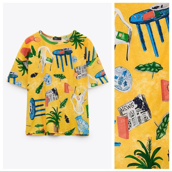 NWT. Zara Yellow Printed Short Sleeve T-shirt. Size L. - Picture 3 of 7